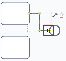 A screenshot demonstrating that the &quot;downstream&quot; or &quot;head&quot; of a sequence flow can be adjusted as well. The screenshot is annotated with a red box to highlight the mouse cursor location as the user selects this yellow node.